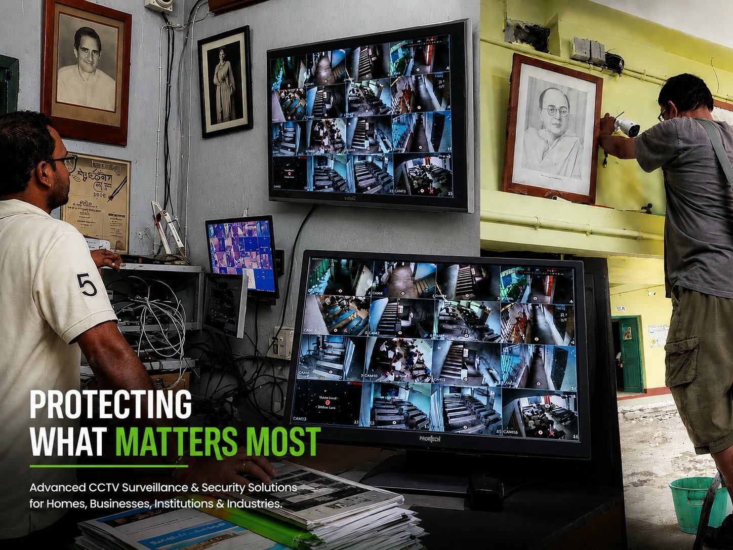 Technicians installing and monitoring a multi-camera CCTV setup — Protecting What Matters Most: advanced CCTV surveillance and security solutions for homes, businesses, institutions and industries
